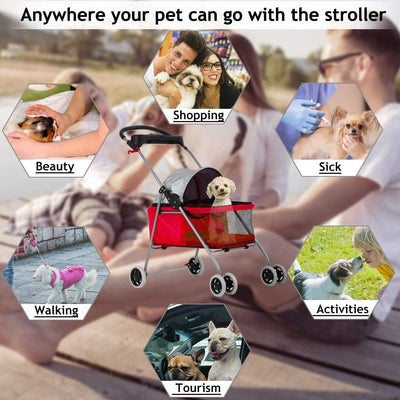 Cat Dog Stroller for Small & Medium Dogs up to 35Lbs Kitten Doggie Cage Waterproof Foldable Travel Carrier Puppy Strolling Cart Durable 4 Wheels Large Pet Stroller Jogger with Cup Holders, Red