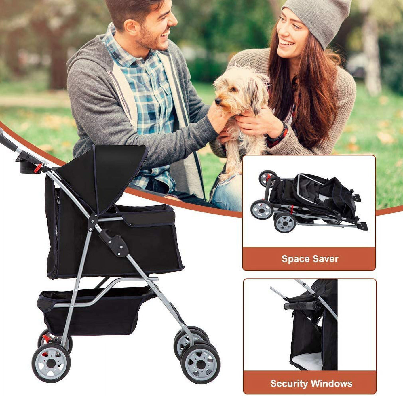 Folding Pet Stroller, Black, 39"H
