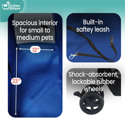 Double Pet Stroller with Storage - Cat & Dog Stroller for Animals up to 44 Lbs, Blue