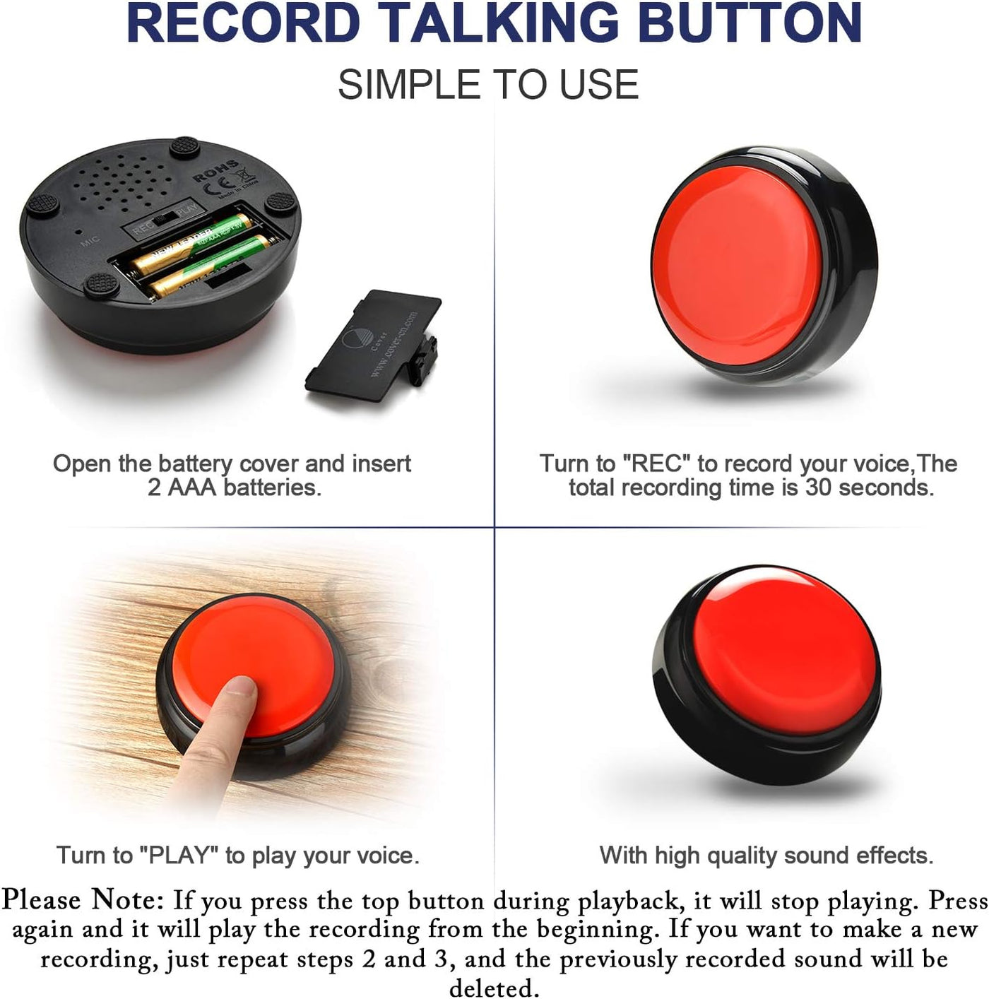 Talking Button Record & Playback Your Own Message 30 Second Custom Recordable, Easy Sound Recorder Set of 2 (2Pcs/Black)