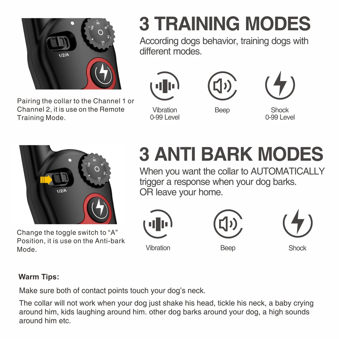 Dog Bark Training Collar 2-In-1, Rechargeable Dog Electric Shock Collar Waterproof, 400M, 1300 Ft Remote Control, Pet Product