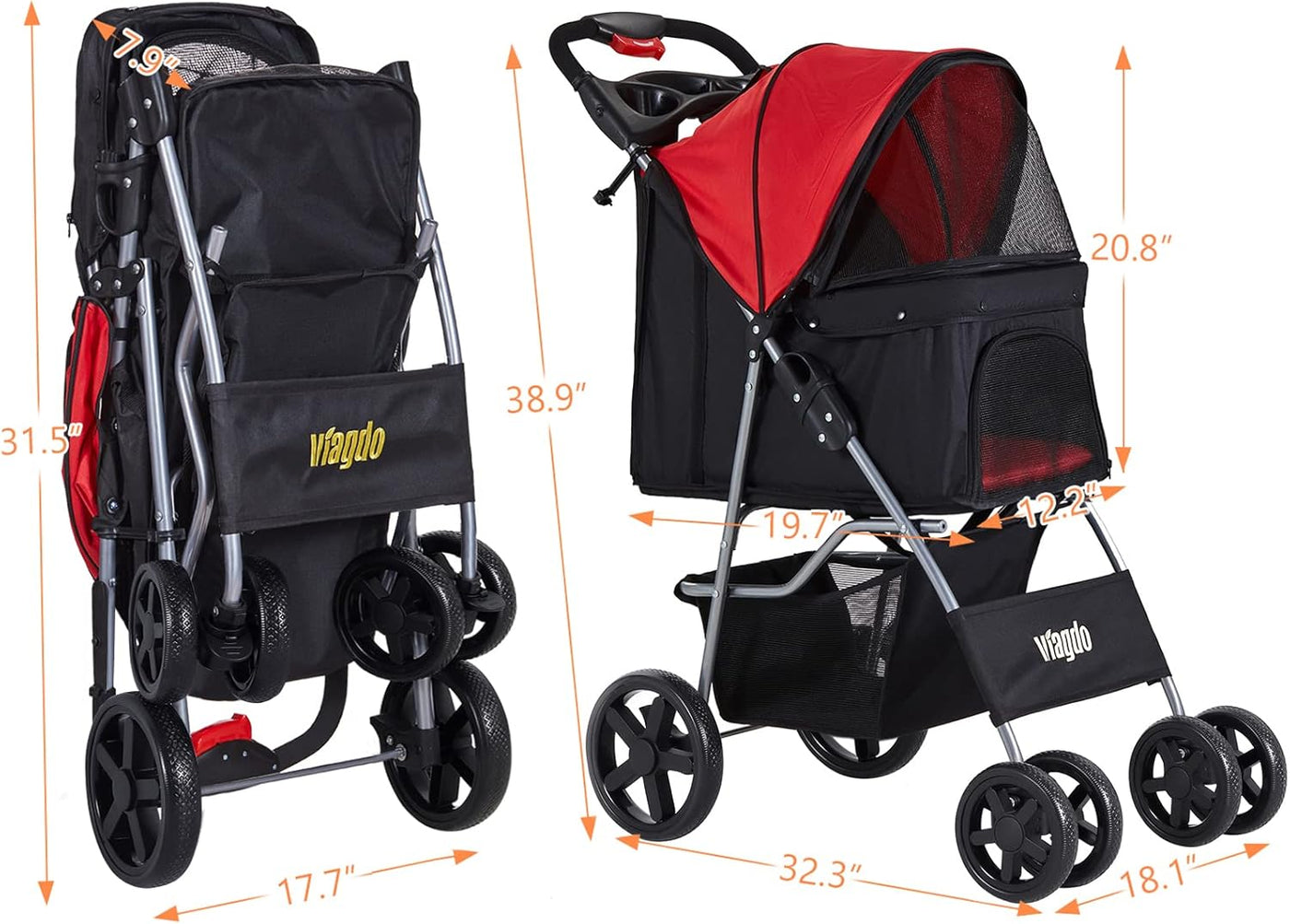 Dog Stroller - Pet Strollers for Small & Medium Dogs & Cats, 4-Wheel Jogging Stroller with Storage Basket
