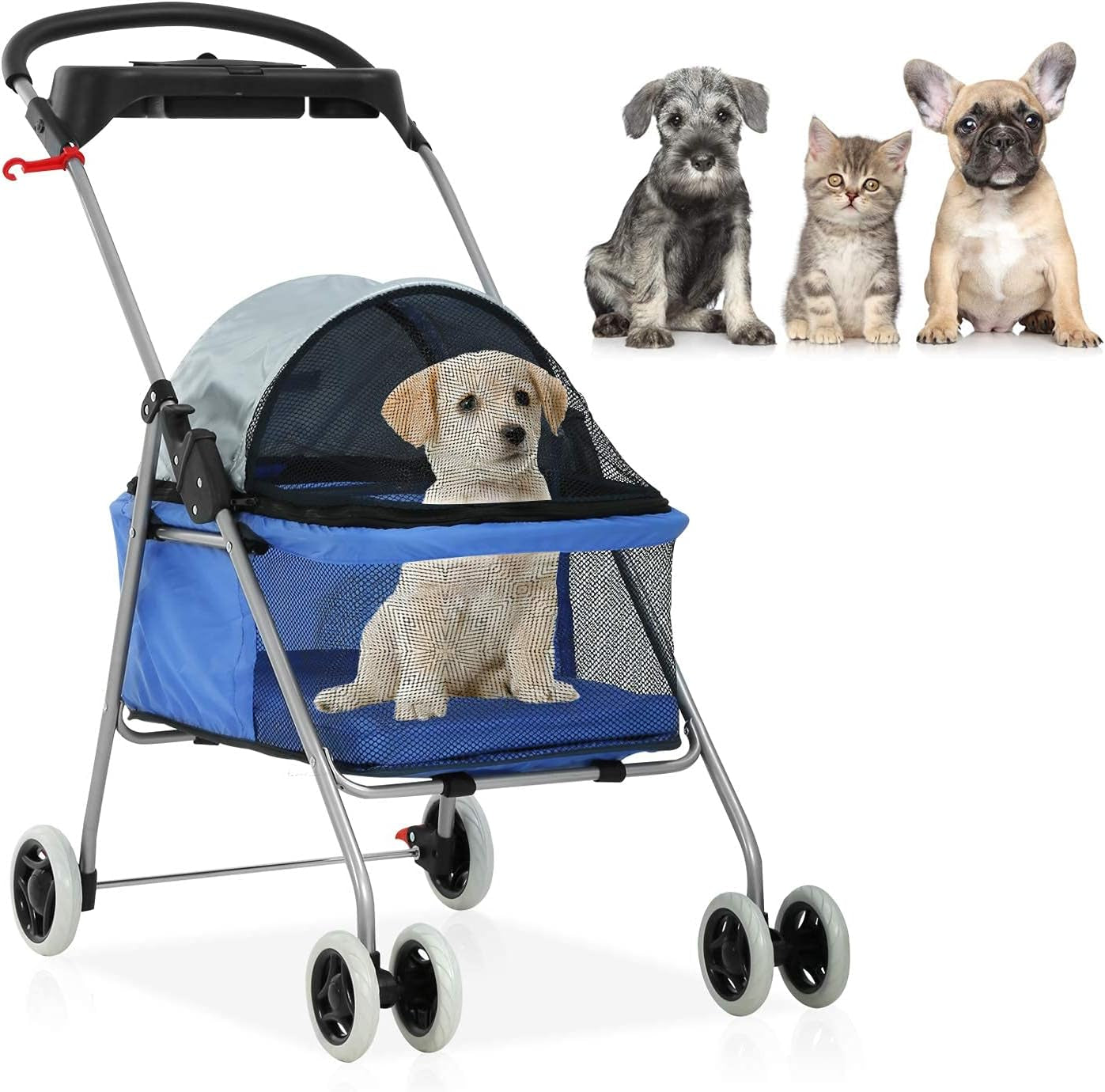 Pet Stroller for Small Dogs & Cats - Lightweight Pet Travel Roadster - Folding Dog Cart - Easy to Walk Carrier - Blue