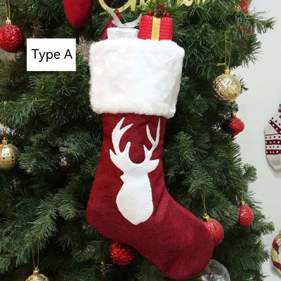 Christmas Stockings Gift Bag Red Hemp Elk Embroidery Christmas Stockings Gift Pendant