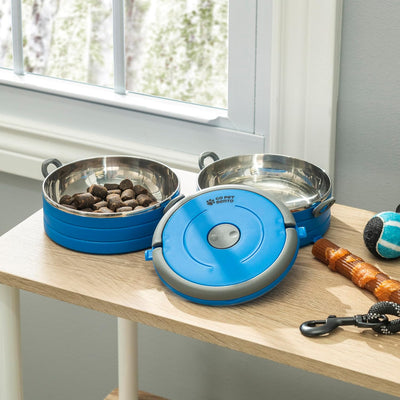 Travel Pet Bento Bowls - Human-Grade Stainless Steel & Bpa-Free, Leak-Proof Water & Food Container Set for Dogs & Cats, 2-Pack Interlocking Bowls, Includes Spare Clips & Handle (Blue)