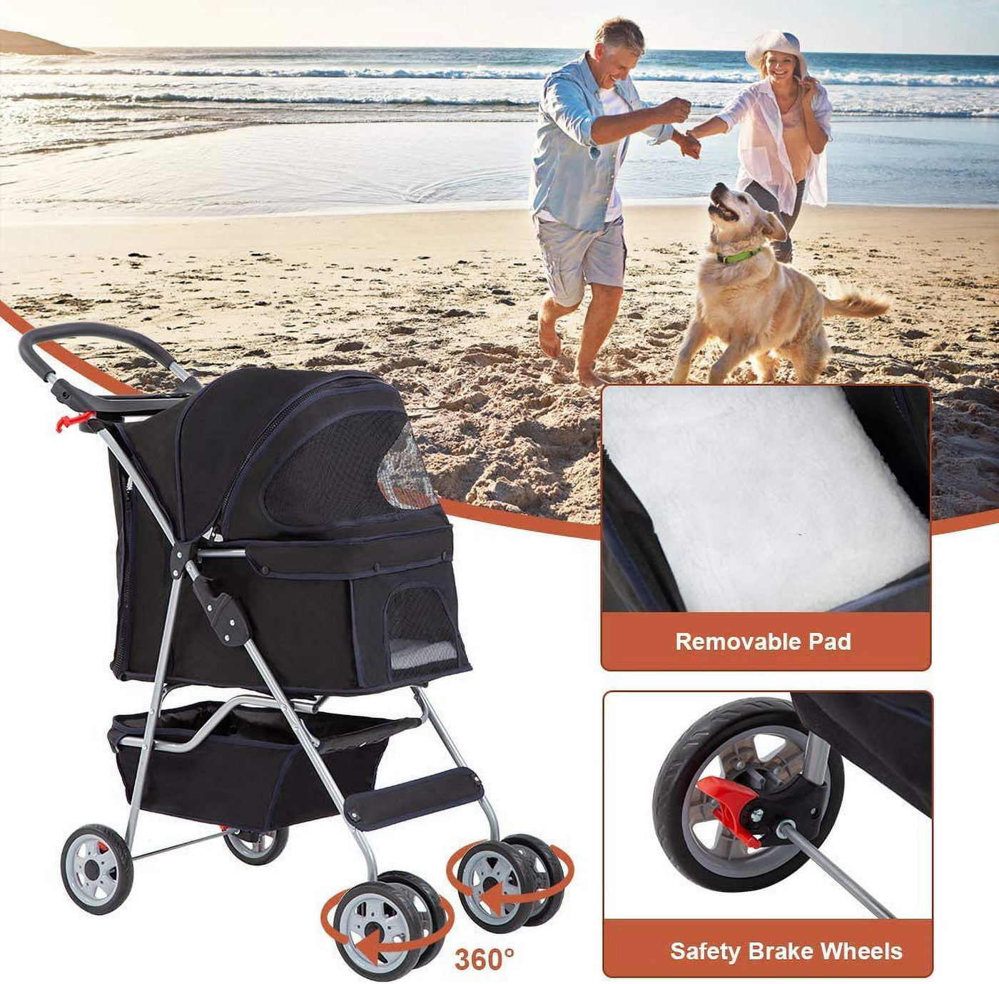 Folding Pet Stroller, Black, 39"H