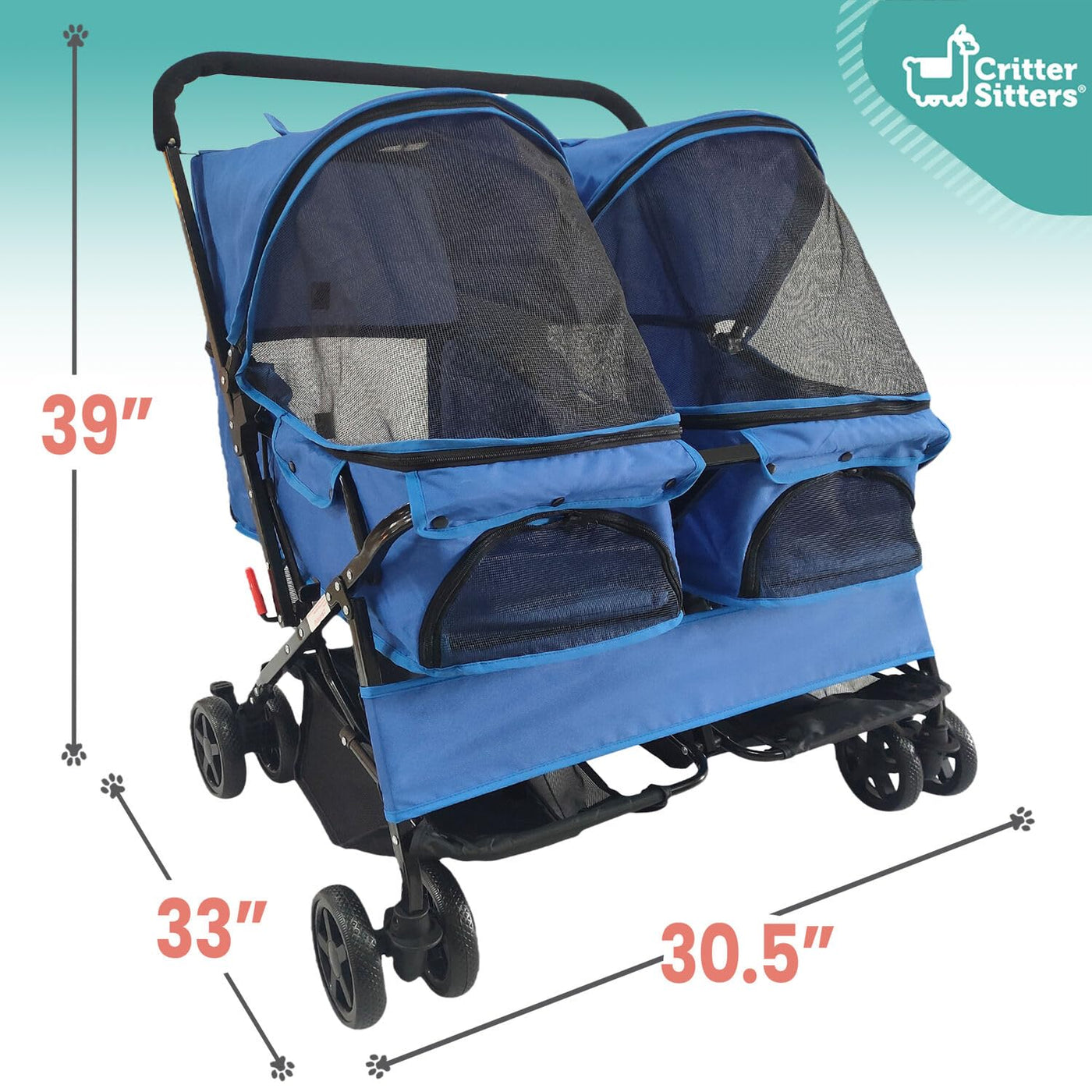 Double Pet Stroller with Storage - Cat & Dog Stroller for Animals up to 44 Lbs, Blue