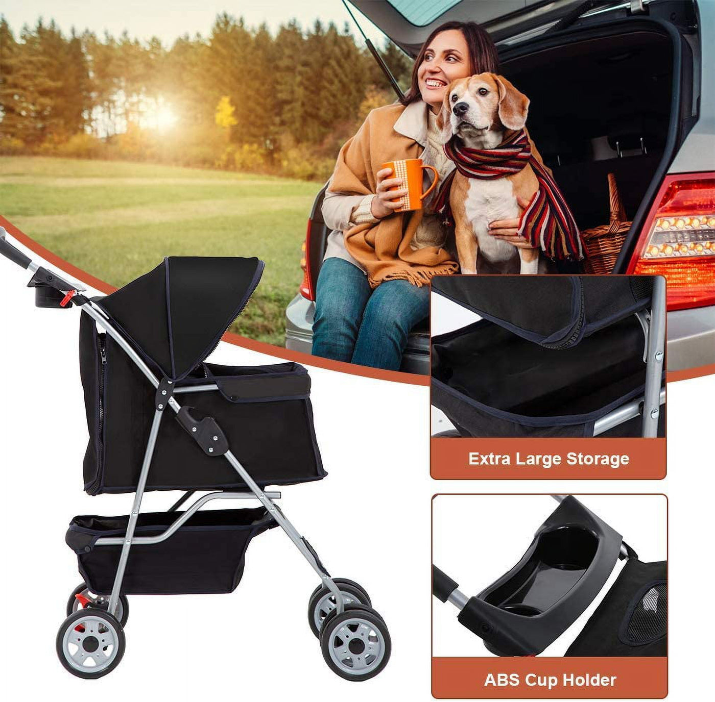 Folding Pet Stroller, Black, 39"H