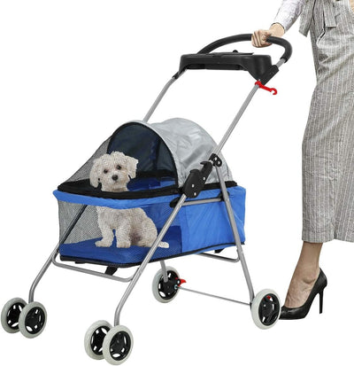 Pet Stroller for Small Dogs & Cats - Lightweight Pet Travel Roadster - Folding Dog Cart - Easy to Walk Carrier - Blue