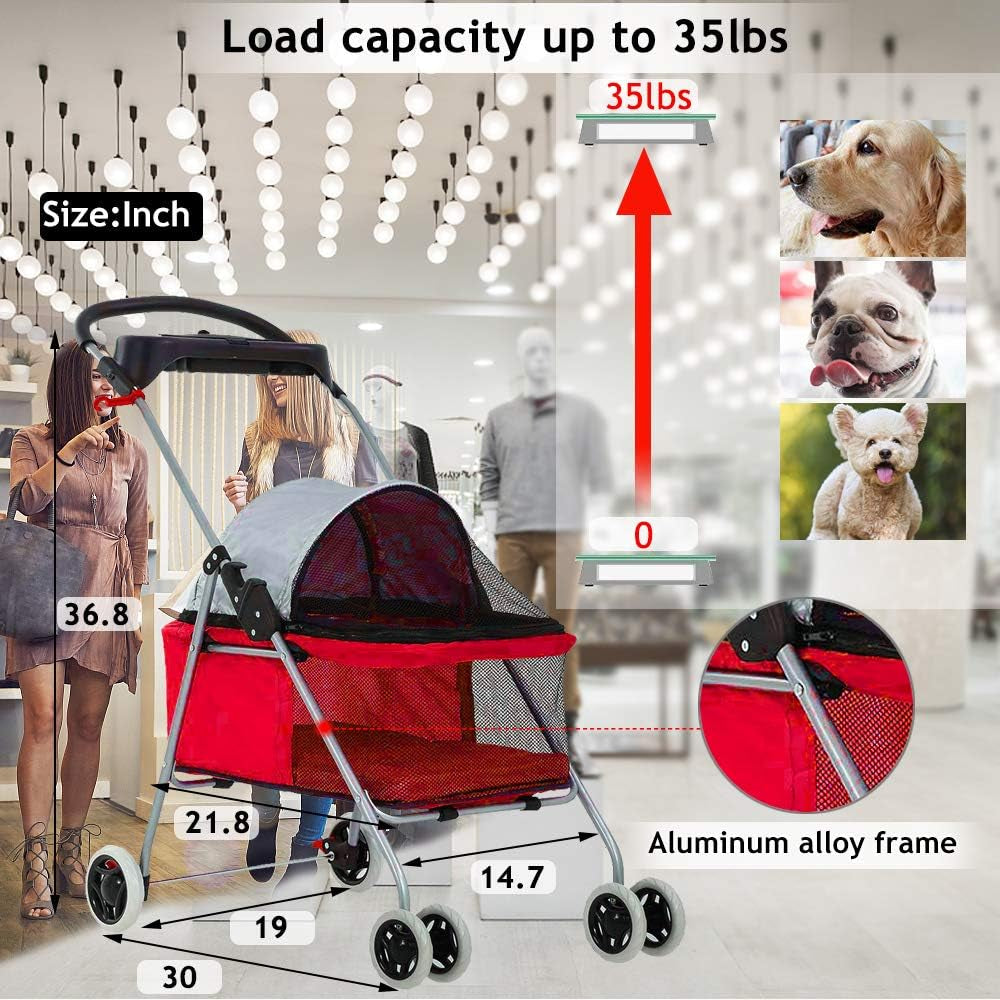 Cat Dog Stroller for Small & Medium Dogs up to 35Lbs Kitten Doggie Cage Waterproof Foldable Travel Carrier Puppy Strolling Cart Durable 4 Wheels Large Pet Stroller Jogger with Cup Holders, Red