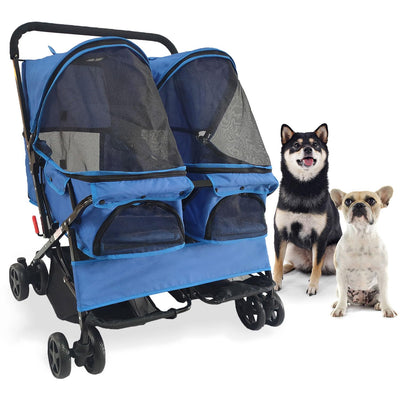 Double Pet Stroller with Storage - Cat & Dog Stroller for Animals up to 44 Lbs, Blue