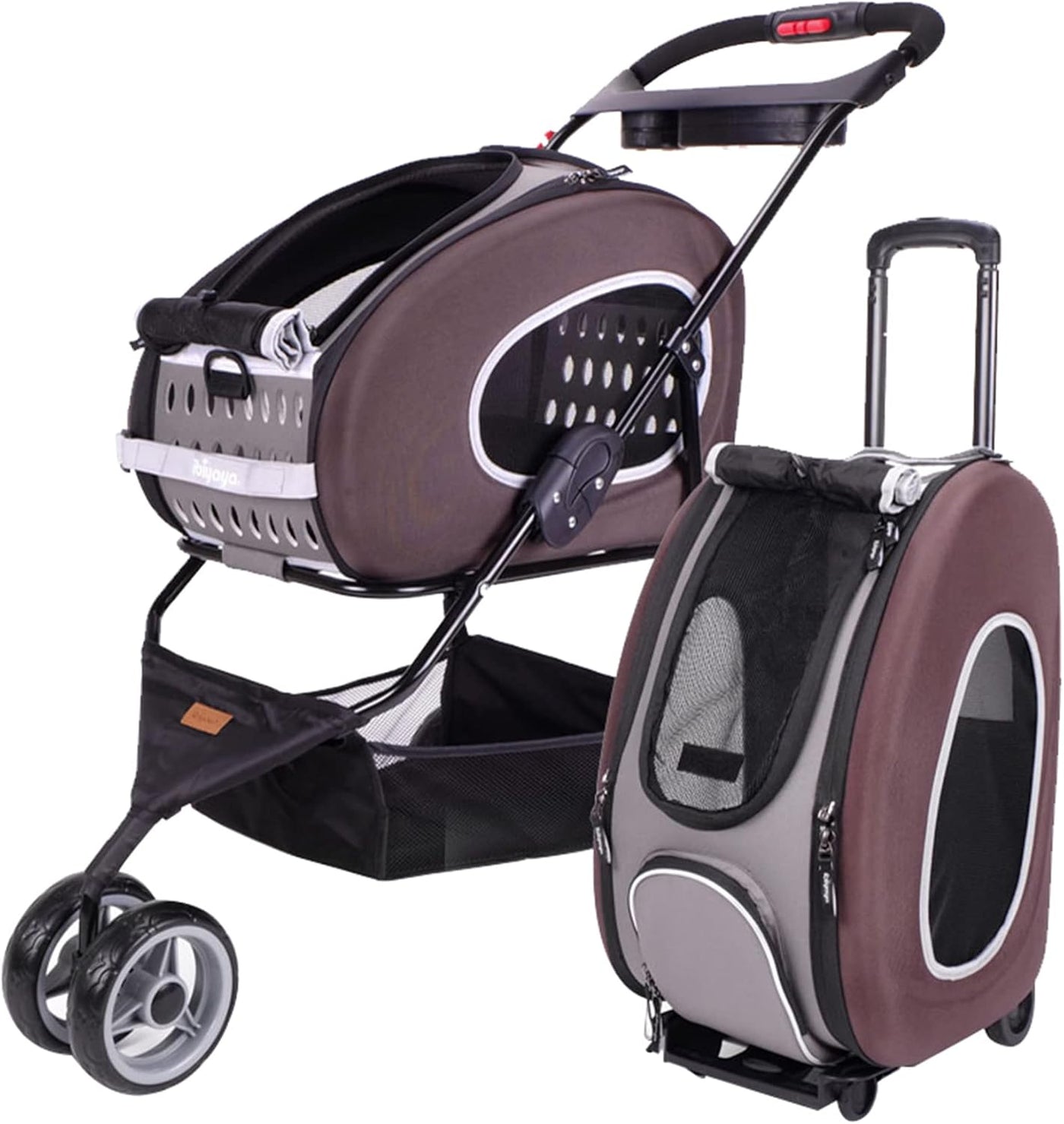 5-In-1 Pet Carrier with Backpack, Stroller, Shoulder Strap, Carriers with Wheels for Dogs and Cats - Brown