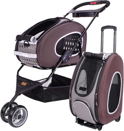 5-In-1 Pet Carrier with Backpack, Stroller, Shoulder Strap, Carriers with Wheels for Dogs and Cats - Brown