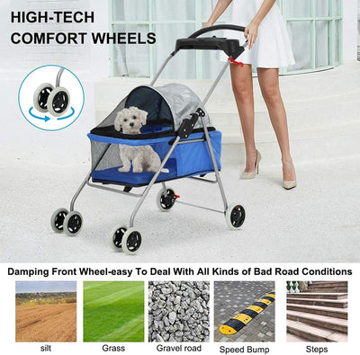 Pet Stroller for Small Dogs & Cats - Lightweight Pet Travel Roadster - Folding Dog Cart - Easy to Walk Carrier - Blue