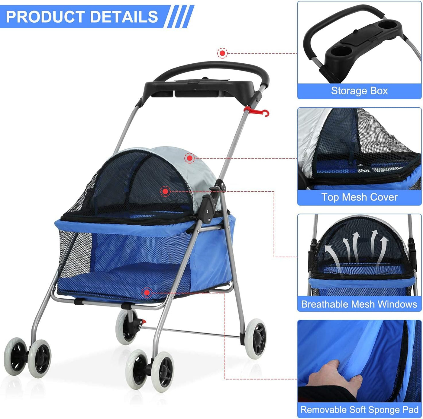 Pet Stroller for Small Dogs & Cats - Lightweight Pet Travel Roadster - Folding Dog Cart - Easy to Walk Carrier - Blue