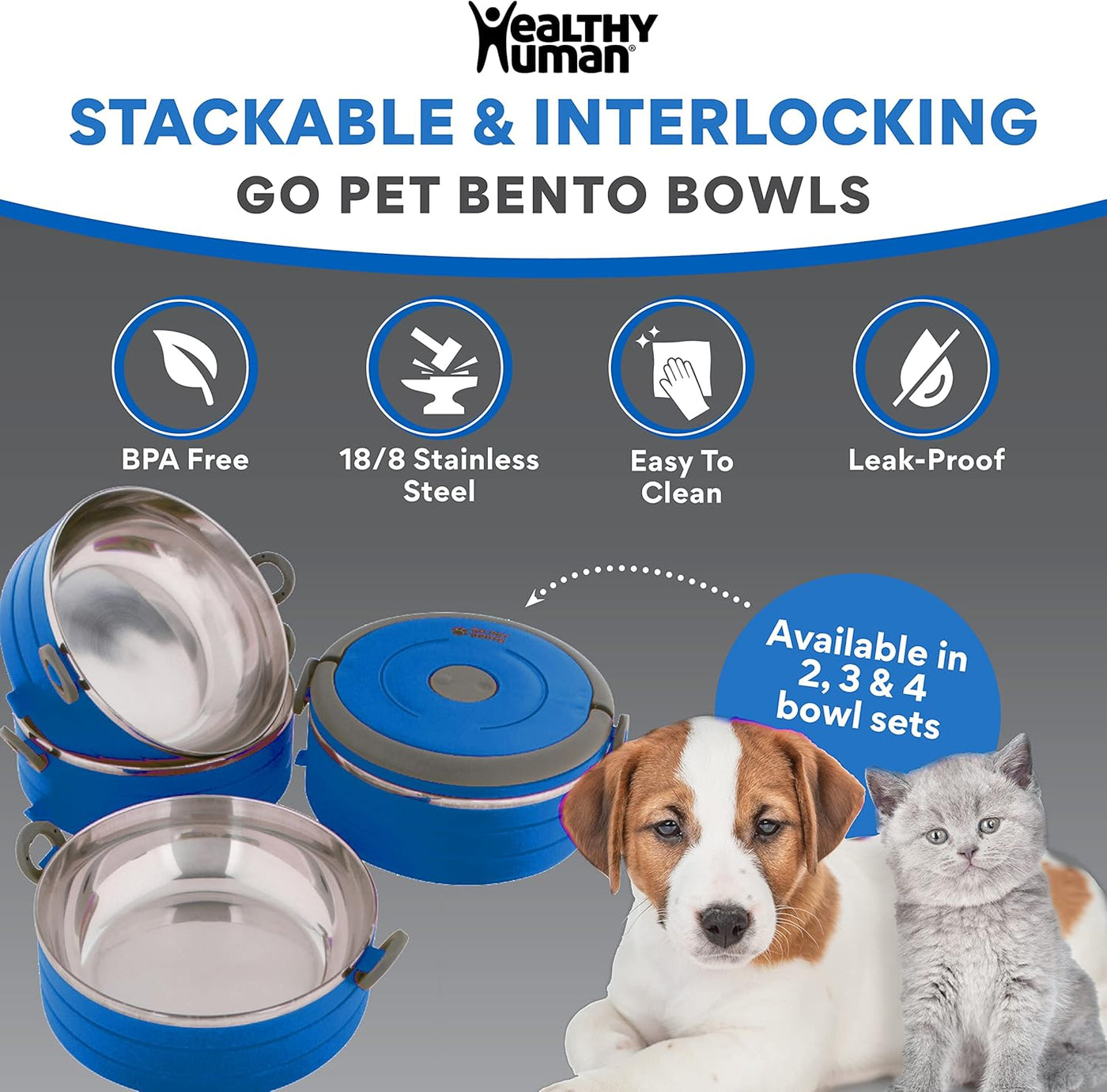 Travel Pet Bento Bowls - Human-Grade Stainless Steel & Bpa-Free, Leak-Proof Water & Food Container Set for Dogs & Cats, 2-Pack Interlocking Bowls, Includes Spare Clips & Handle (Blue)
