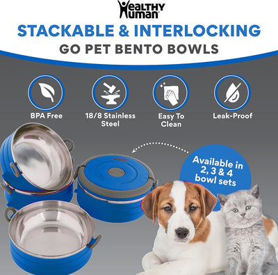 Travel Pet Bento Bowls - Human-Grade Stainless Steel & Bpa-Free, Leak-Proof Water & Food Container Set for Dogs & Cats, 2-Pack Interlocking Bowls, Includes Spare Clips & Handle (Blue)