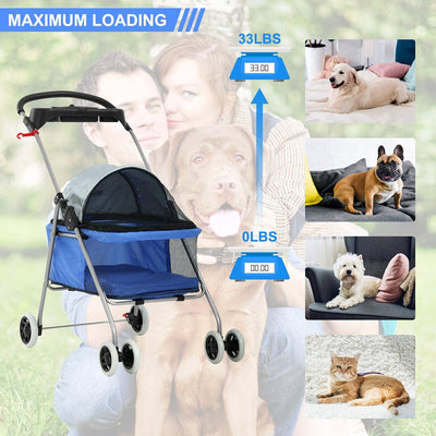 Pet Stroller for Small Dogs & Cats - Lightweight Pet Travel Roadster - Folding Dog Cart - Easy to Walk Carrier - Blue