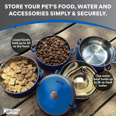 Travel Pet Bento Bowls - Human-Grade Stainless Steel & Bpa-Free, Leak-Proof Water & Food Container Set for Dogs & Cats, 2-Pack Interlocking Bowls, Includes Spare Clips & Handle (Blue)
