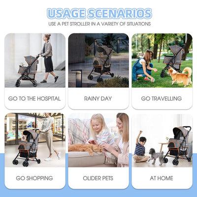 4 Wheels Dogs Cats Stroller for Small Medium Dogs Cats Pets up to 35 Lbs，Foldable Dog Cat Strollers Jogger Travel Stroller with Storage Basket and Cup Holder, Gray