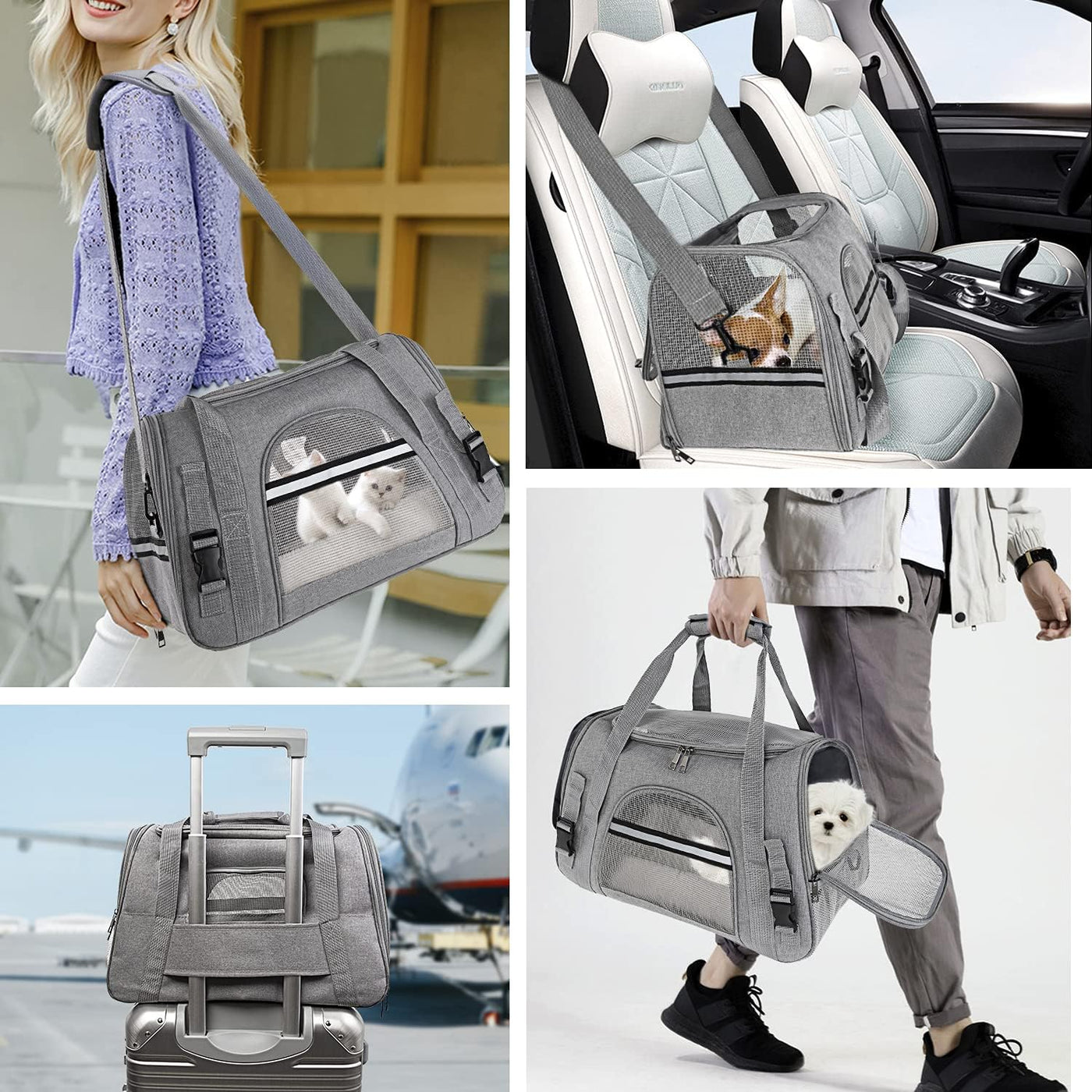 Soft-Sided Pet Carrier Bag for under 14 Lbs Puppy Kitten Bunny Rabbits Small Cats Dogs Animals , Easy Vet Visit Pet Animals Cage Kennel for Travel & Car, Gray