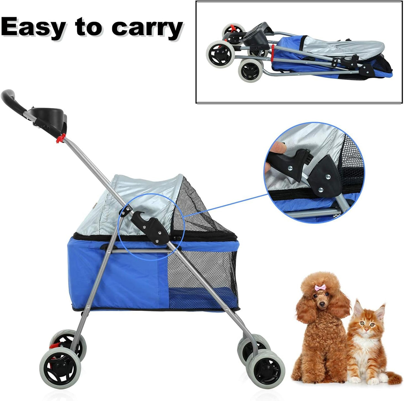 Pet Stroller for Small Dogs & Cats - Lightweight Pet Travel Roadster - Folding Dog Cart - Easy to Walk Carrier - Blue