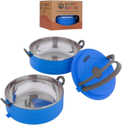 Travel Pet Bento Bowls - Human-Grade Stainless Steel & Bpa-Free, Leak-Proof Water & Food Container Set for Dogs & Cats, 2-Pack Interlocking Bowls, Includes Spare Clips & Handle (Blue)