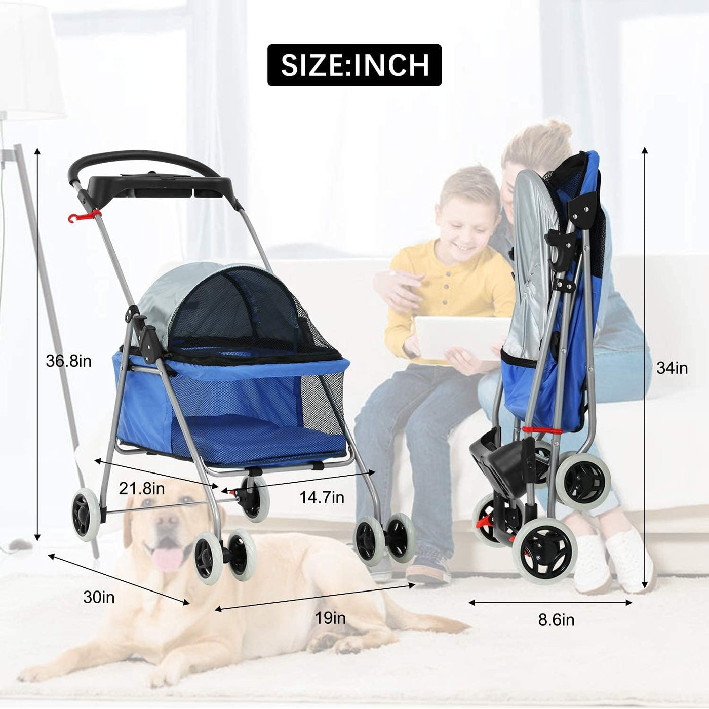Pet Stroller for Small Dogs & Cats - Lightweight Pet Travel Roadster - Folding Dog Cart - Easy to Walk Carrier - Blue