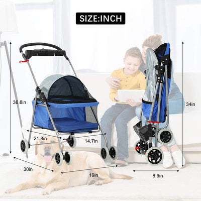 Pet Stroller for Small Dogs & Cats - Lightweight Pet Travel Roadster - Folding Dog Cart - Easy to Walk Carrier - Blue