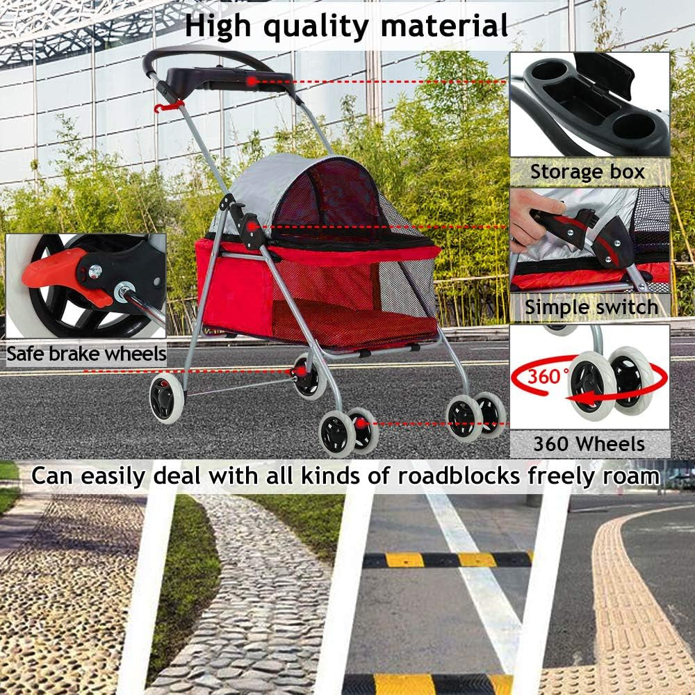 Cat Dog Stroller for Small & Medium Dogs up to 35Lbs Kitten Doggie Cage Waterproof Foldable Travel Carrier Puppy Strolling Cart Durable 4 Wheels Large Pet Stroller Jogger with Cup Holders, Red