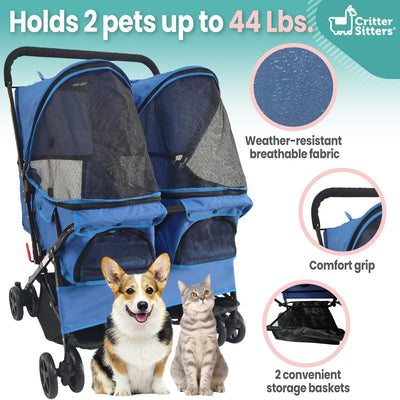 Double Pet Stroller with Storage - Cat & Dog Stroller for Animals up to 44 Lbs, Blue