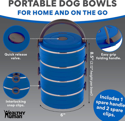 Travel Pet Bento Bowls - Human-Grade Stainless Steel & Bpa-Free, Leak-Proof Water & Food Container Set for Dogs & Cats, 2-Pack Interlocking Bowls, Includes Spare Clips & Handle (Blue)